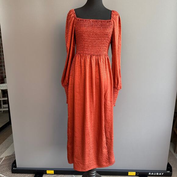 Wrangler Retro Shine Smoked Bodice Dress - orange - rust - silky - midi - size S - Picture 2 of 14